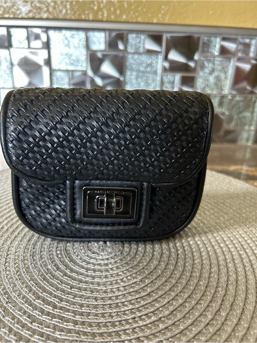 Karl Lagerfeld Woven Black Mini Crossbody Bag with Turnlock Closure